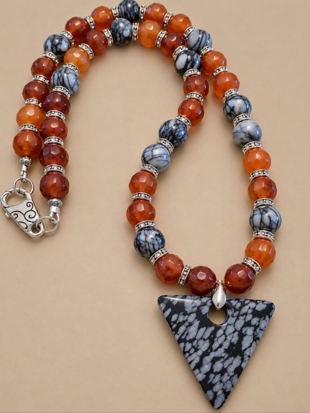 Artisan Created Snowflake Obsidian Triangle Pendant Necklace Jasper Beads